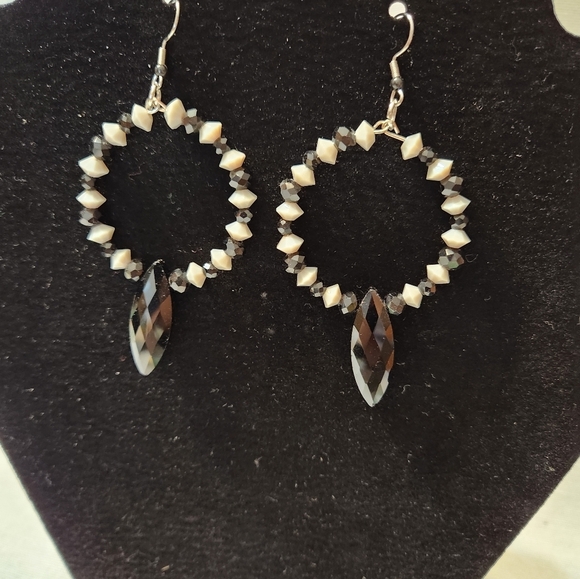 Hand Crafted Black and Gray Beaded Hoop Earrings Pierced Dangle Crystals - Picture 5 of 5